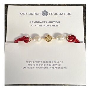 Tory Burch Embrace Ambition Red Silk Cord Pearl Bracelet Gold Logo Medallion
